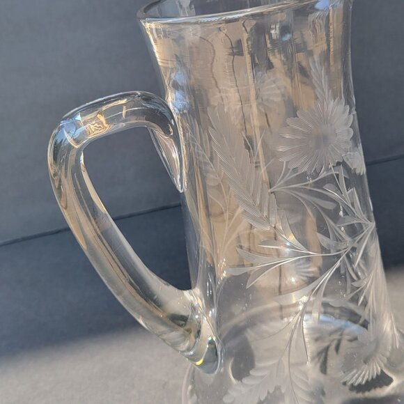 Vintage Clear Etched Glass Pitcher With Floral Design & Handle 9" - Picture 9 of 16